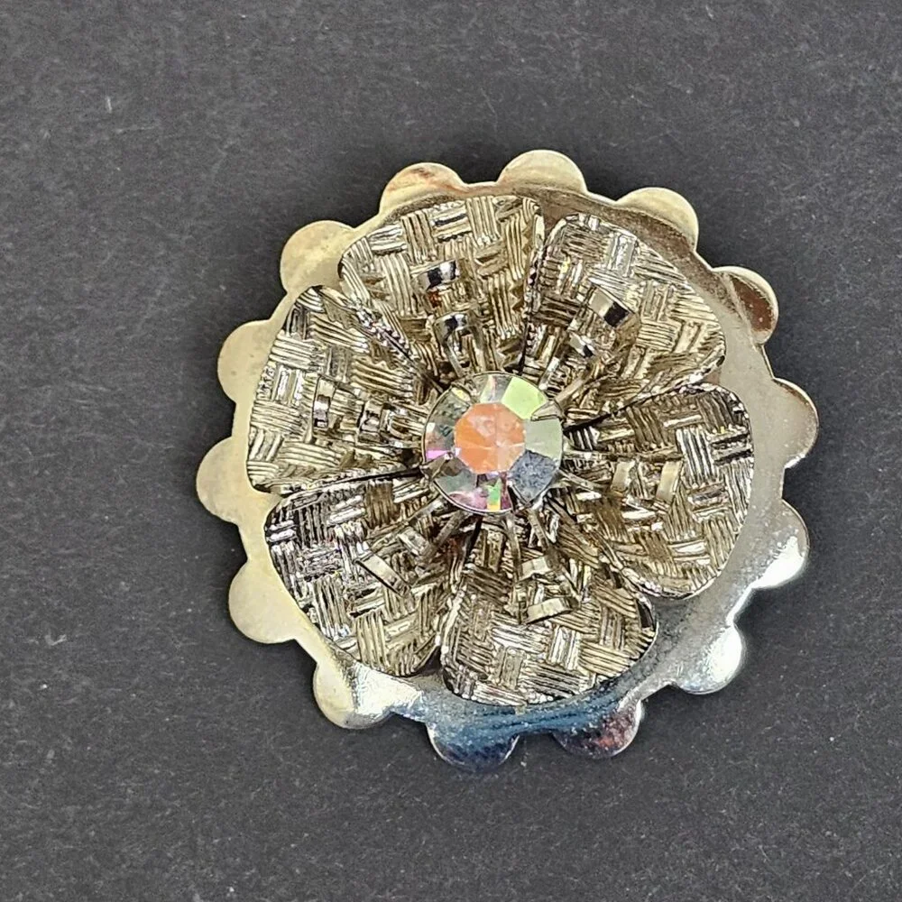 Vintage Scarf Clip‎ Silver Tone Flower Rhinestone AB Layered Textured Scalloped